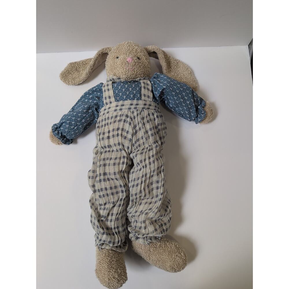 Vintage Russ Berrie‎ & Co. Terry Cloth Rabbit With Blue Gingham Overalls Cream